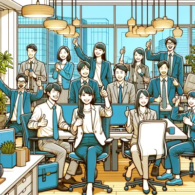 DALL·E 2024-02-17 02.36.25 - A 2D line illustration in color depicting Japanese employees delighted by the high level of job satisfaction in their workplace. The scene shows vario